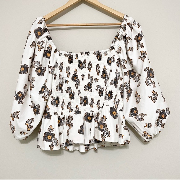 TANYA TAYLOR NWT Cream Smocked Silk Blend Floral Emma Top Size Large - Picture 9 of 10